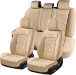 Coverado Car Seat Covers Full Set, Luxury Faux Leather Waterproof Seat Cover, 5 Seat Universal Seat Covers for Cars, Front and Back Car Seat Protector, Beige Leather Seat Cover Fit for Most Cars - Image 2