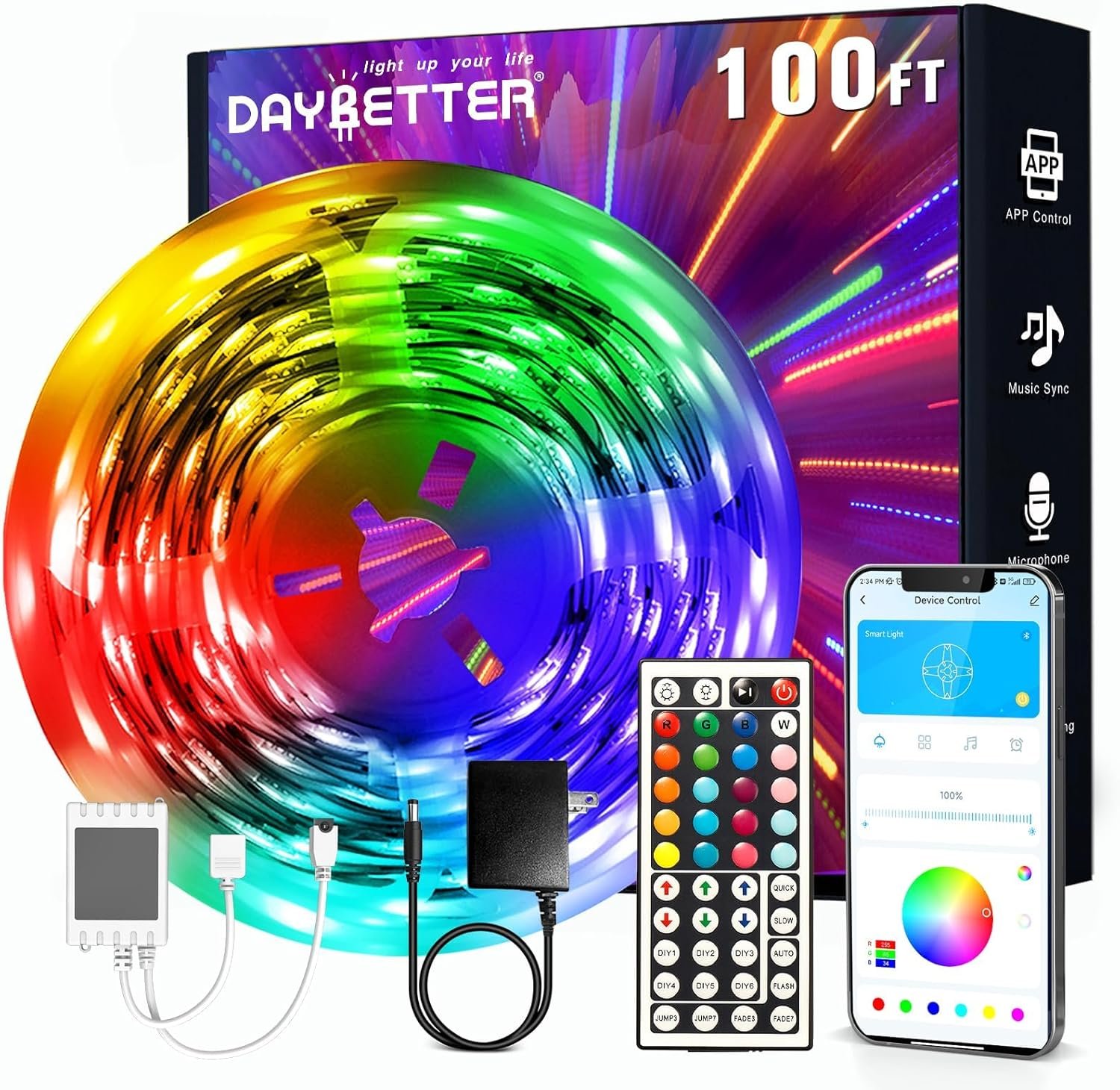 DAYBETTER LED Strip Lights 100ft, Smart Lighting with App Remote Control, RGB LED Lights for Bedroom, Music Sync Color Changing for Room Home Decor Party (1 Roll) - Image 2