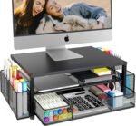 Desk Organizer and Accessories, 2-Tier Computer Monitor Stand Riser with Drawer and 2 Pen Holders, Laptop Stand, Office Desk Accessories for Office Supplies, Black - Image 2