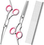 Dog Grooming Scissors with Safety Round Tips Stainless Steel Professional Dog Grooming Kit - Thinning, Curved Scissors and Comb for Cat Pet (Pink 4 in 1) - Image 2