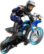 ELEMARA Electric Dirt Bike, 24V Ride on Toys for Big Kids, 350W Kids Motorcycle with Music & Bluetooth, 15.5 mph & 150lb Max, Twist-Grip Throttle & Hand-Operated Rear Brake, 12" Air-Filled Tires-Blue - Image 2