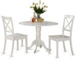 East West Furniture DLBO3-WHI-W 3 Piece Dining Room Table Set Contains a Round Kitchen Table with Dropleaf and 2 Dining Chairs, 42x42 Inch, Linen White - Image 2