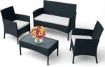 EconoHome 4-Piece Outdoor Patio Furniture Set - Patio Set with 2 Rattan Chairs, 1 Loveseat & 1 Glass -Top Coffee Table - Weather-Proof Wicker with Cushions - Conversation Set for Porch, Balcony, Lawn - Image 2