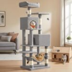 Feandrea Cat Tree, 61-Inch Cat Tower for Indoor Cats, Plush Multi-Level Cat Condo with 5 Scratching Posts, 2 Perches, 2 Caves, Hammock, 2 Pompoms, Light Gray UPCT192W01 - Image 2