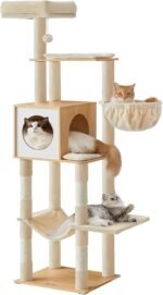 Feandrea Cat Tree, 65-Inch Tall Cat Tower, Multi-Level Cat Condo with Cave, Basket, Hammock, Pompom, Scratching Posts, Almond Yellow UPCT118Y01 - Image 2