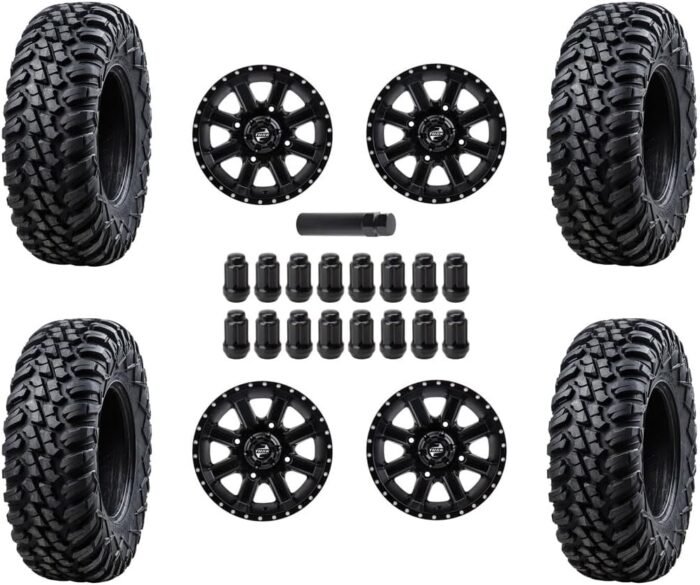 Four 28x10-14 Tusk TERRABITE 8-Ply Radial UTV Tires mounted on Tusk CASCADE Wheels - For POLARIS applications - 4/156 bolt pattern - Includes Lug Nuts (4+3 Wheel Offset, Matte Black) - Image 2