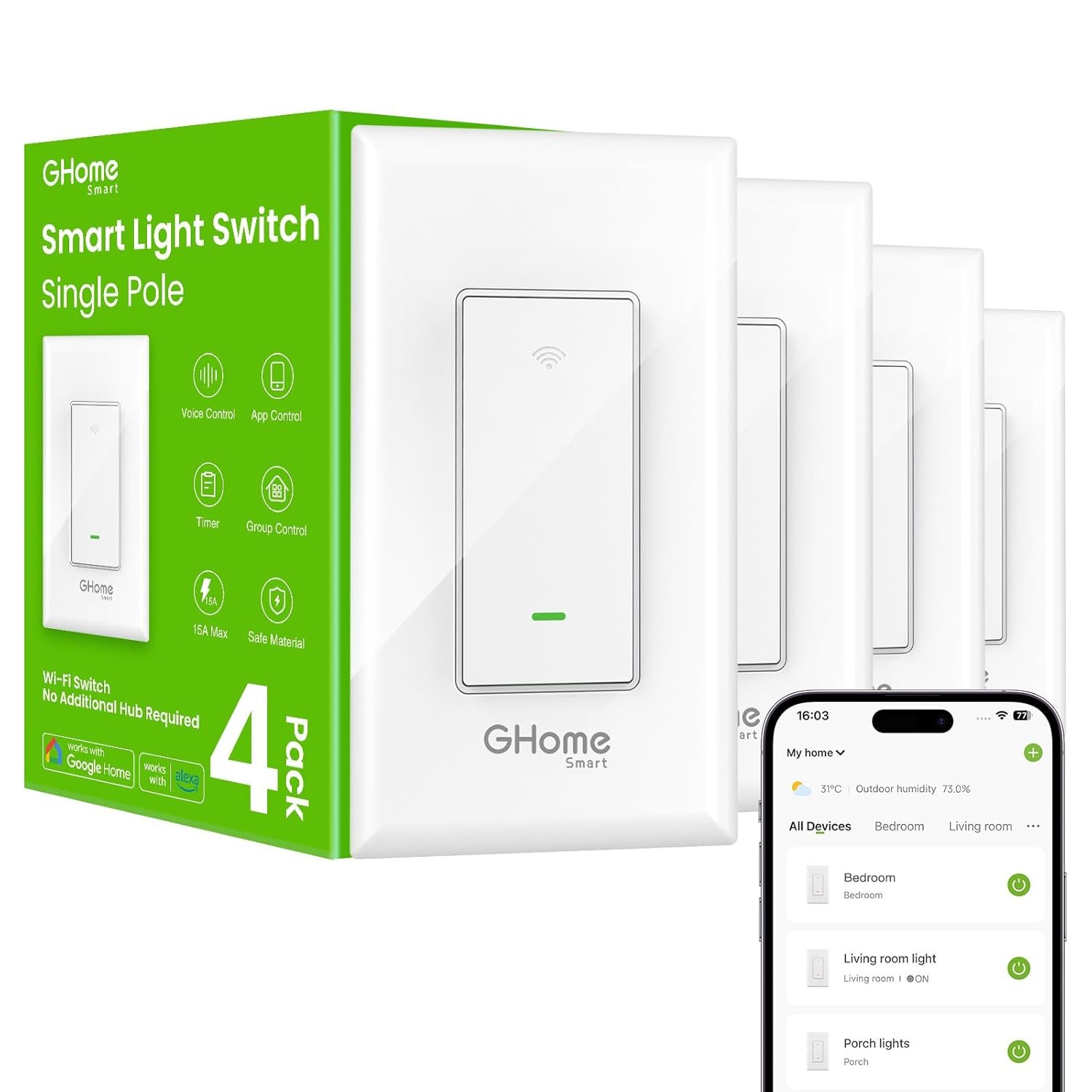 GHome Smart Switches for Lights, WiFi Smart Light Switch Works with Alexa and Google Home, Single-Pole, Neutral Wire Required, 2.4Ghz WiFi Light Switch with APP Control, No Hub Required, UL FCC Listed - Image 2