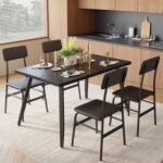 Gizoon 5 Piece Dining Table Set for 4, Modern Metal & Wood Kitchen Dinner Table with 4 Chairs, Space-Saving Dining Room Furniture Table & Chair Sets for Small Spaces & Apartment, Black - Image 2