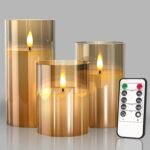 Glass Battery Operated LED Flameless Candles with Remote and Timer, Real Wax Candles Warm Color Flickering Light for Festival Wedding Home Party Decor(Pack of 3)-Gold - Image 2