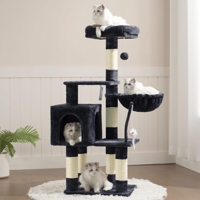 Heybly Cat Tree with Toy, Cat Tower Condo for Indoor Cats, Cat House with Padded Plush Perch, Cozy Hammock and Sisal Scratching Posts, Smoky Gray HCT004SG - Image 2