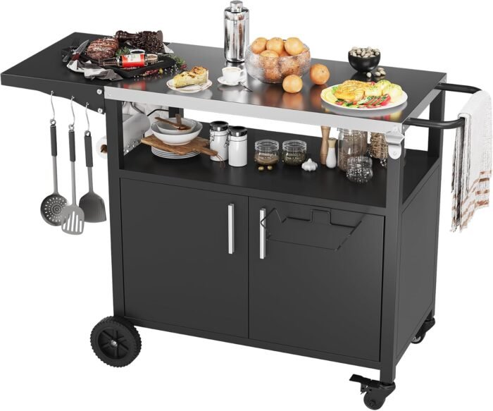 JY QAQA Outdoor Grill Cart with Storage,Patio Kitchen Island Outdoor Grill Table with Wheels,BBQ Cart Movable Pizza Oven Table Stand, Storage Cabinet, Foldable Tabletop, (Black) - Image 2