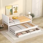 Merax Classic Solid Wooden Bed Farme with Trundle Bed and Drawers Storage Sofa Bed for Living Room Bedroom Guest Room Space Saving,White - Image 2