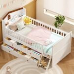 Modern Twin Size Wooden Platform Bed with 4 Drawers,Guardrail Headboard and Ladder,for Kids Girls & Boys Bedroom Use (White#y, Twin) - Image 2