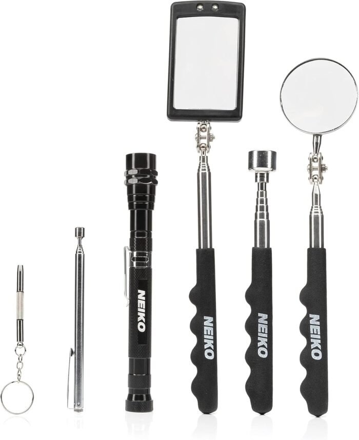 NEIKO 20736A (6) Piece Set, Magnetic Tool & Telescoping Mirror Set, Adjustable Telescoping Magnetic Pickup Tool, Flashlight 15lb Retriever Tool, 360 Swivel, Magnet Mirror, Magnetic Tools for Mechanic - Image 2