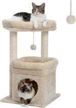PEQULTI Cat Tree Cat Tower for Indoor Cats with Private Cozy Cat Condo, Natural Sisal Scratching Posts and Plush Pom-pom for Small Cats,Beige - Image 2