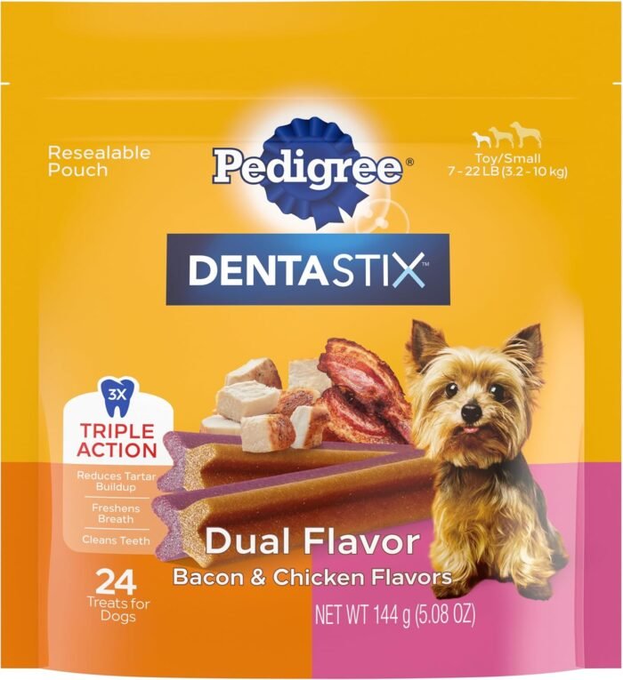 Pedigree Dentastix Dual Flavor Small Dog Dental Treats, Bacon & Chicken, 5.08 oz. Bag (24 Treats) - Image 2