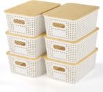 Plastic Storage Baskets With Bamboo Lid - Plastic Storage Containers Stackable Storage bins: Storage Baskets for Organizing Shelves Drawers Desktop Closet Playroom Classroom Office, 6 Pack - Image 2