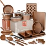 Pots and Pans Set, 22-Piece Non Stick Cookware & Bakeware Sets with Plaid Pattern, Stackable Design, Dishwasher Safe, Stain-resistant, Oven & All-Stove Safe, Tempered Glass Lid, Golden - Image 2