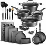 Pots and Pans Set, 23-Piece Non Stick Cookware & Bakeware Sets with Plaid Pattern, Stackable Design, Dishwasher Safe, Stain-resistant, Oven & All-Stove Safe, Tempered Glass Lid, Black - Image 2