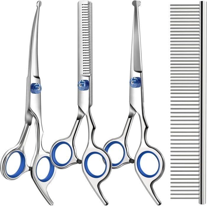 Professional 4 in 1 Dog & Cat Grooming Scissors Kit with Safety Round Tips,Sharp & Durable,Dog Shears for Grooming - Includes Straight, Curved, Thinning Scissors and Comb - Premium Pet Supplies - Image 2