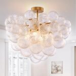 Semi Flush Mount Bubble Ball Chandelier 24" Clear Swirled Ribbed Blown Glass Globe Gold Chandeliers Ceiling Light Fixture for Dining Living Room Bathtub Bathroom - Image 2