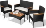 Shintenchi 4-Piece Patio Furniture Set, Outdoor Wicker Patio Conversation Furniture Set with Cushions and Wooden Tabletop for Paito Lawn Backyard, White Cushion - Image 2