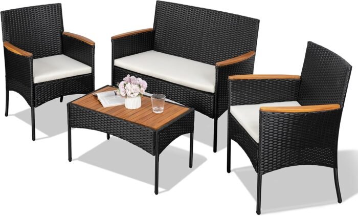Shintenchi 4-Piece Patio Furniture Set, Outdoor Wicker Patio Conversation Furniture Set with Cushions and Wooden Tabletop for Paito Lawn Backyard, White Cushion - Image 2