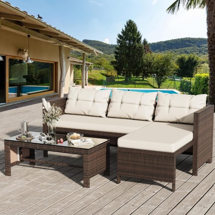 Shintenchi Outdoor Patio Furniture Sets, Wicker Patio sectional Sets 3-Piece, All Weather Wicker Rattan Patio Seating Sofas with Glass Coffee Table and Cushion (Beige) - Image 2
