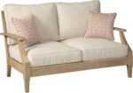 Signature Design by Ashley Clare View Coastal Outdoor Eucalyptus Patio Loveseat – Cushioned with Nuvella Fabric, 5-Step Protective Finish, Beige - Image 2