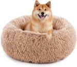 Sweetcrispy Calming Donut Dog & Cat Bed, Machine Washable Cuddle Warming Cozy Fluffy Faux Fur Plush Round Anti-Anxiety Waterproof Anti-Slip Pet Sleeping Sofa, Olive Brown, 24x24x8 inches - Image 2