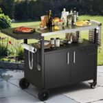 Vongrasig Grill Cart with Storage, Outdoor Bar Cart Rolling BBQ Movable Pizza Oven Table Stand with Foldable Stainless Steel Top & Storage Cabinet, Black - Image 2
