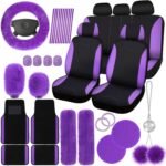 Woanger 47 Car Seat Cover Full Set for Women Included Car Front Rear Seat Fluffy Steering Wheel Cover Belt Automotive Floor Mats Air Conditioner Decoration Strip Universal(Purple Black) - Image 2