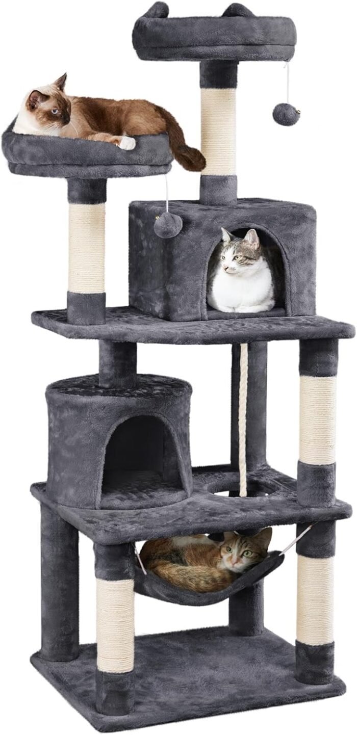 Yaheetech 62.5inches Cat Tree Cat Tower Cat Condo with Platform & Hammock, Scratching Posts for Kittens Pet Play House with Plush Perch for Indoor Activity Relaxing, Dark Gray - Image 2