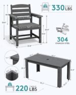 SERWALL Patio Dining Set for 6, Outdoor Dining Sets for 6 Person with 1 Umbrella Hole Cut-Out Rectangular Table and 6 Chairs, HDPE Dining Sets for Garden, Backyard, Poolside, Gray - Image 3