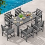 SERWALL Patio Dining Set for 6, Outdoor Dining Sets for 6 Person with 1 Umbrella Hole Cut-Out Rectangular Table and 6 Chairs, HDPE Dining Sets for Garden, Backyard, Poolside, Gray - Image 4