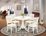 East West Furniture ANVA5-LWH-W 5 Piece Kitchen Table Set for 4 Includes a Round Dining Room Table with Pedestal and 4 Solid Wood Seat Chairs, 36x36 Inch, Linen White - Image 3