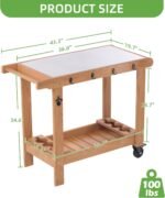 Outdoor Wooden Grill Cart Table with Wheels, Metal Top and Storage, for Patio Backyard Garden BBQ - Image 3