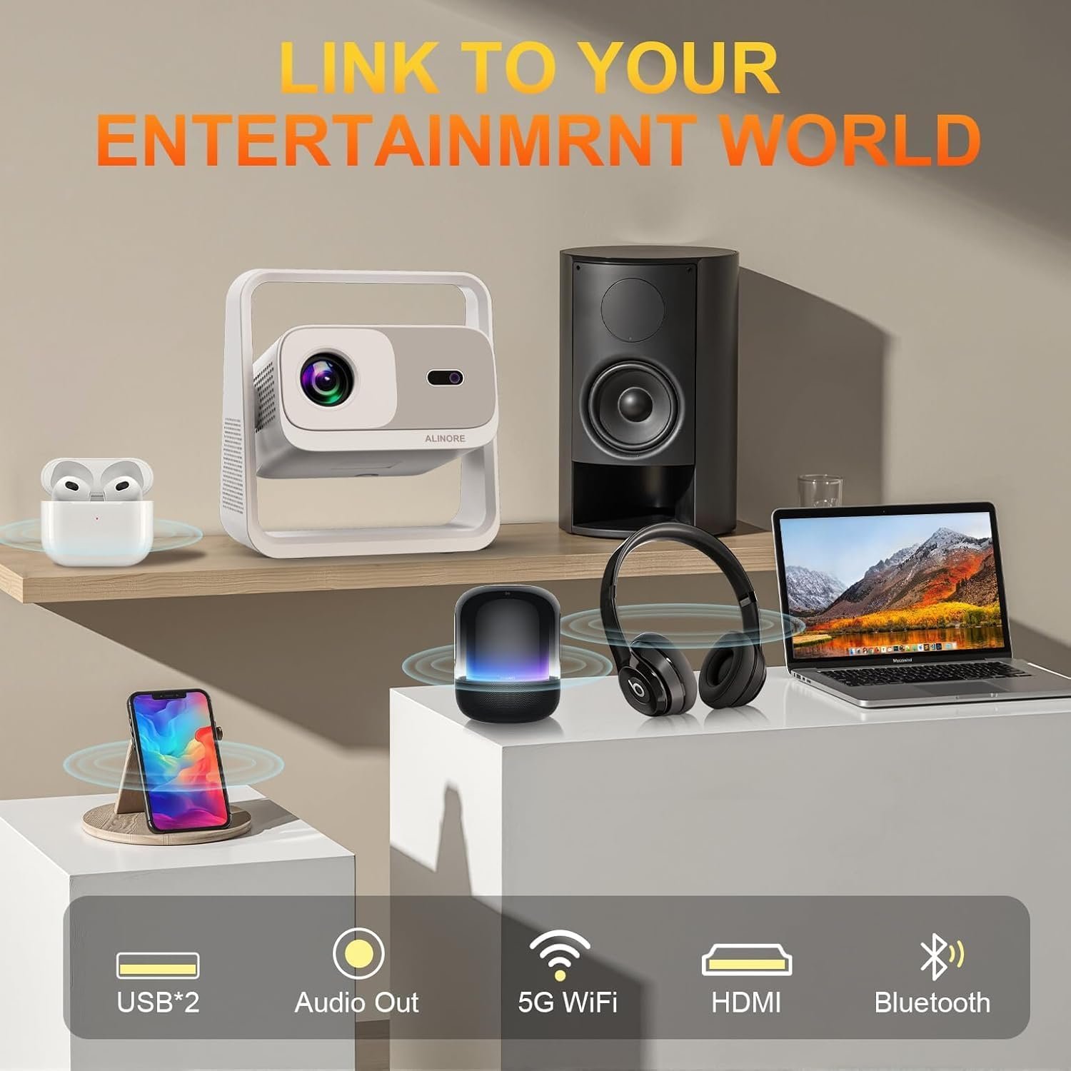 Smart Projector with WiFi and Bluetooth, Built-in Apps, Electric Focus & Auto Keystone Portable Outdoor Projecor, Native 1080P Projector 4K Support, Movie Projector for Home Theater (25000LM） - Image 7