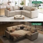 HONBAY Modular Sectional Sleeper Sofa with Pull Out Bed, L Shaped Couch with Storage Seat, Convertible Sectional Couches for Living Room, Beige - Image 4
