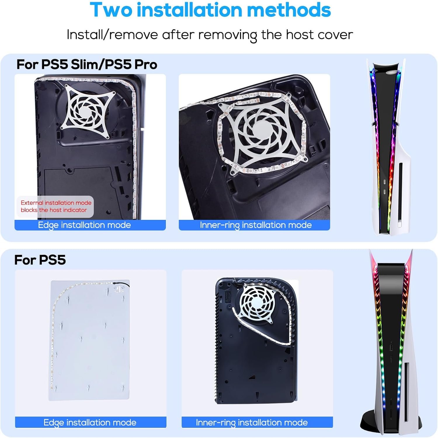 YUANHOT LED RGB Light Strip Compatible with PS5 Pro/PlayStation 5/PS5 Slim Disc&Digital Edition Console with 7 Colors 358 Modes, DIY Decoration Accessories Flexible Lights Strip with Remote - Image 4