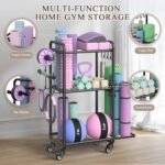 Weight Rack for Home Gym, All in One Yoga Mat Storage Rack, Workout Equipment Storage with Wheels and Hooks for Dumbbells Kettlebells Foam Rollers, Powder Coated - Image 4