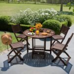 Devoko 5 PCS Patio Furniture, Patio Dining Set Acacia Wood Outdoor Table and Chairs, with 4 Folding Chairs and 37" Round Movable Table, Outdoor Dining Set for Lawn, Balcony, Garden (Deep Brown) - Image 3