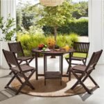 Devoko 5 PCS Patio Furniture, Patio Dining Set Acacia Wood Outdoor Table and Chairs, with 4 Folding Chairs and 37" Round Movable Table, Outdoor Dining Set for Lawn, Balcony, Garden (Deep Brown) - Image 4