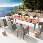 Devoko Outdoor Patio Dining Sets 9 Pieces Wicker Outdoor Dining Table and Chairs Set with Acacia Wood Table Top and Widened Armrests for Backyard, Garden, Deck (Grey) - Image 3
