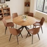43.2"-59.1" Extendable Round Dining Table Set, Mid Century Wooden Round Kitchen Table, Oak Coffee Table for 4-6 Person,PU Leather Chair - Image 3