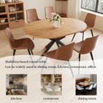 43.2"-59.1" Extendable Round Dining Table Set, Mid Century Wooden Round Kitchen Table, Oak Coffee Table for 4-6 Person,PU Leather Chair - Image 4