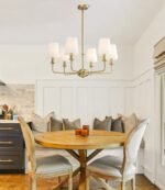 6-Light Brushed Gold Pendant Chandelier with White Linen Shades, E12 Base - Farmhouse & Industrial Style for Kitchen, Living Room, Dining Room, or Bedroom Lighting - Image 3