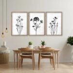 Flower Plant Wall Art Decor 16"x11" Set of 3 Black And White Botanical Painting Wood Framed For Minimalist Bedroom Office Rustic Living Room Abstract Wildflower Sign Hanging (Wood White) - Image 4