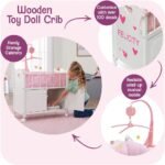 Badger Basket Wooden Toy Doll Bed with Storage, Mobile, and Bedding to Pretend and Play - Includes Wheels and Free Personalization Kit - White with Pink Gingham Fabric - Image 3