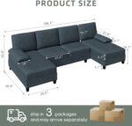 Shintenchi U-Shaped Sectional Sofa with Double Chaise, 4-Seat Linen Fabric Living Room Furniture Set, Dark Grey - Image 3